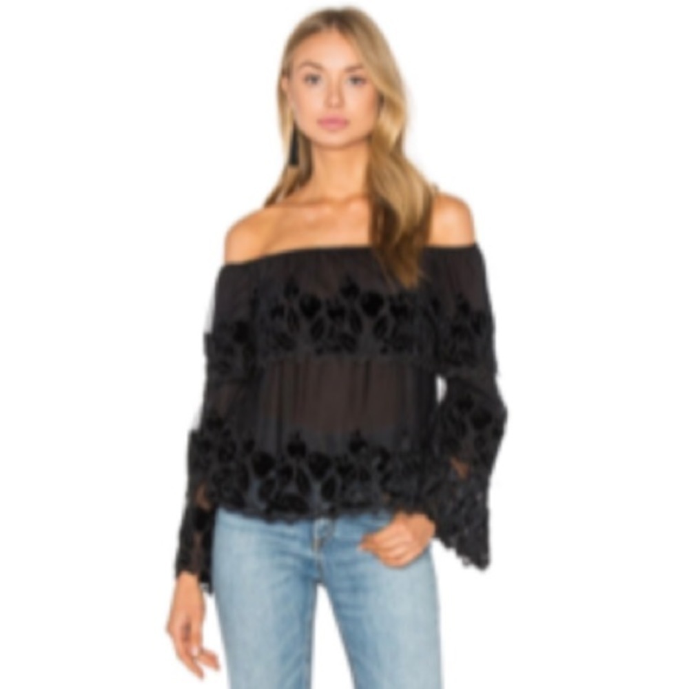 ENDLESS ROSE Black Floral Sheer Off The Shoulder Top Size Small